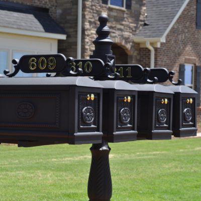Our best selling classic black decorative mailbox is offered in a quadruple format with four mailboxes on a single post. It features the same beautiful address plates and our superior construction.Shop Now!