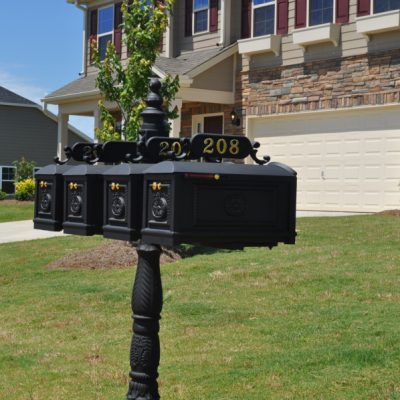 Each mailbox on our quadruple decorative classic style measures 8.37 x 10 x 18.62 inches and ships with both a mailbox flag and a slide alert for every mailbox. Our mailboxes are hand crafted with cast aluminum and brass materials for long lasting performance.Shop Now!