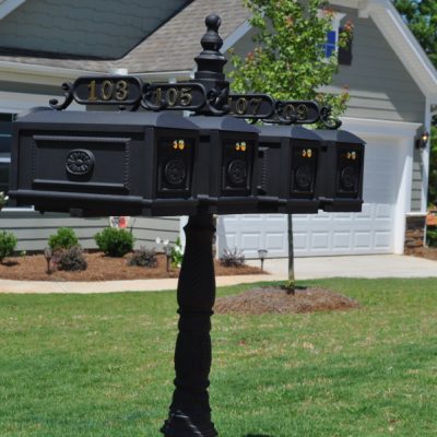 This black decorative quadruple mailbox features all-aluminum construction, high-quality brass and stainless hardware, and is topped with a DuPont finish that guarantees your mailbox won’t rust.Shop Now!